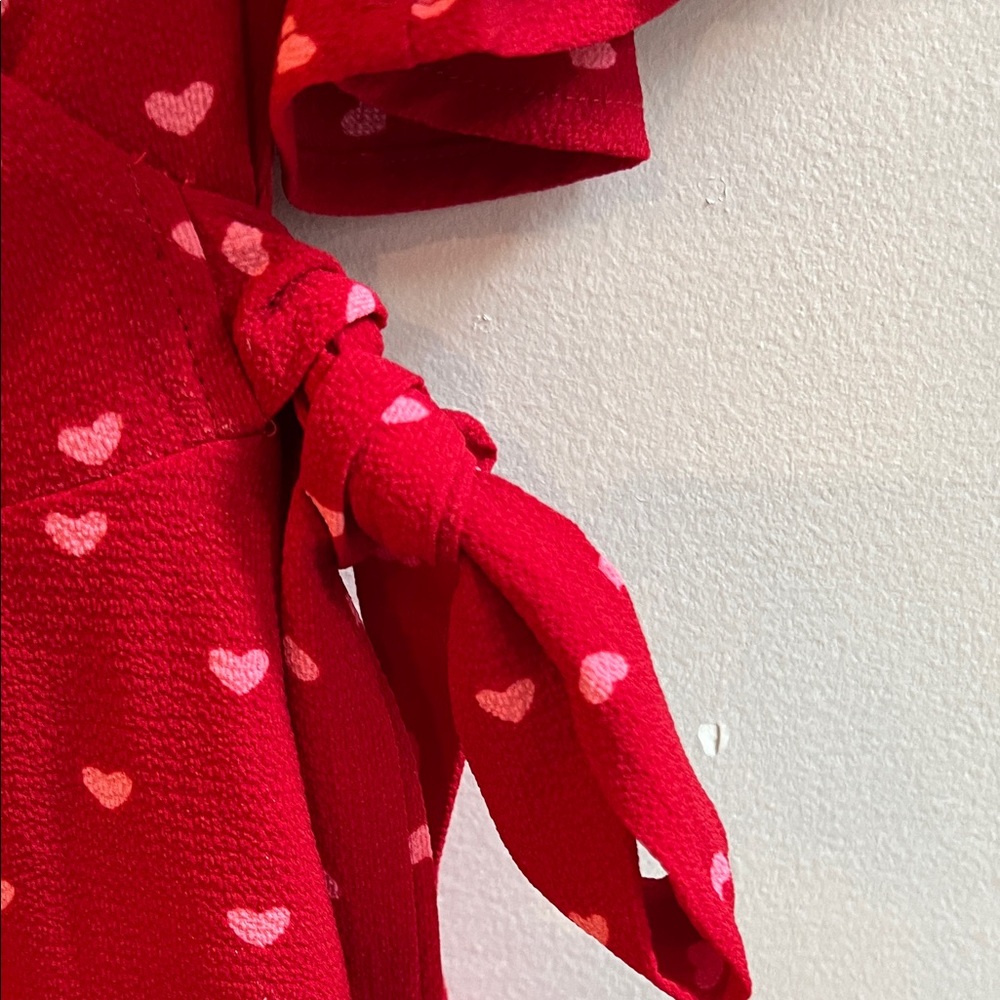 Mi Ami Red Heart Print Wrap Peplum Blouse with Flutter Sleeves Valentine’s Day - Picture 5 of 6